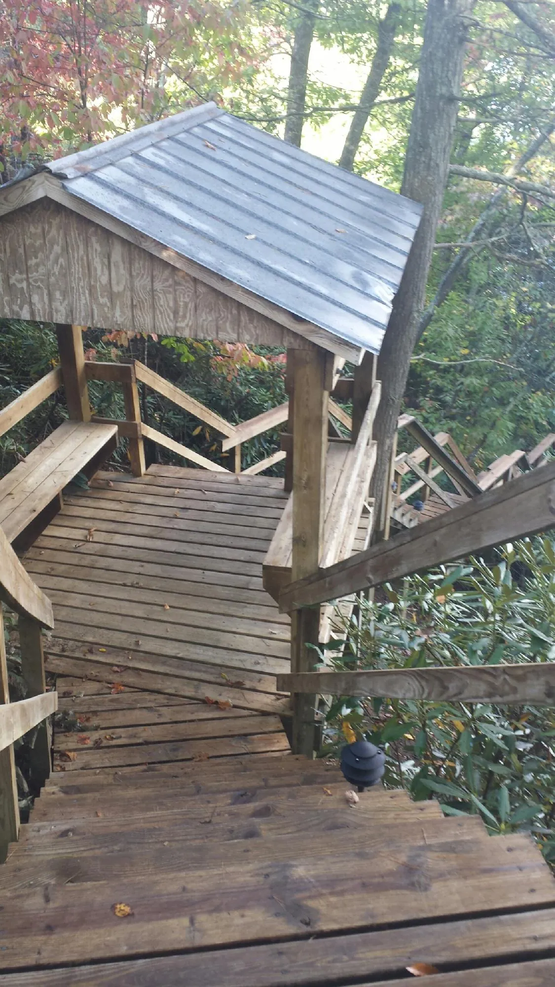 Metal roofed shelter over wooden steps on a wooded walkway — Skylight Repair & Installation work by our crew in Medfield